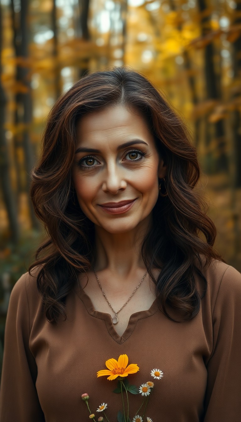 AI generated art for prompt: A photorealistic portrait depicts a middle-aged Hispanic woman with warm skin tones and intricate te