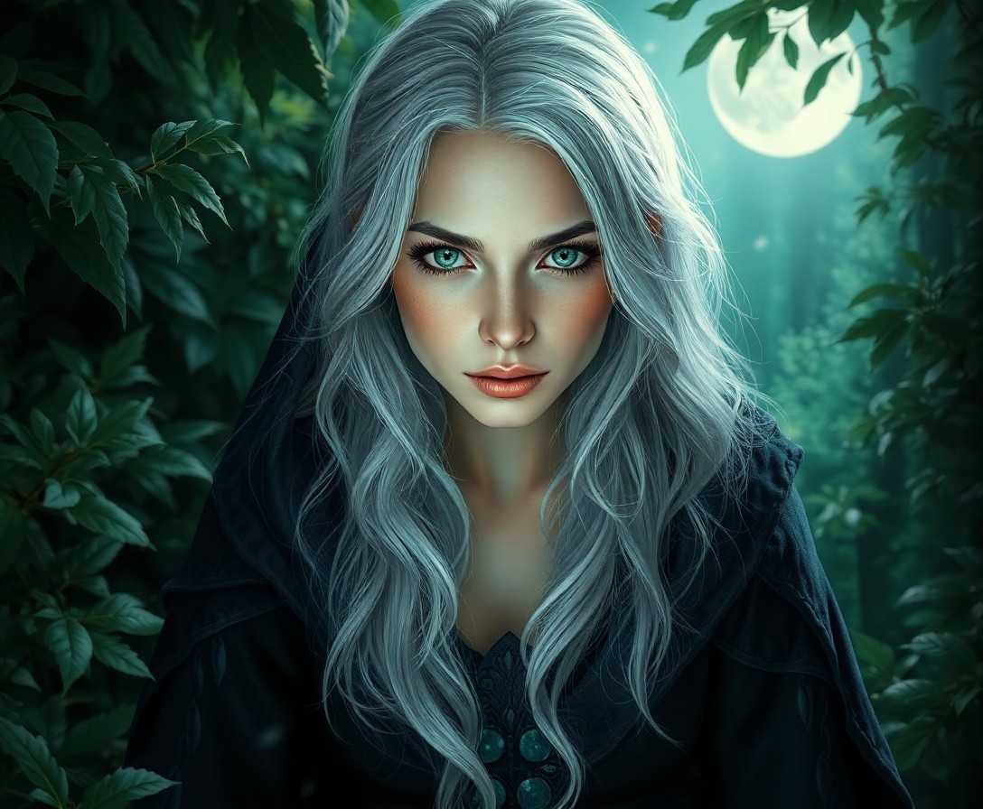 AI generated art for prompt: Craft an ultra-realistic portrait of a wise and enigmatic female sorceress with silver hair cascadin