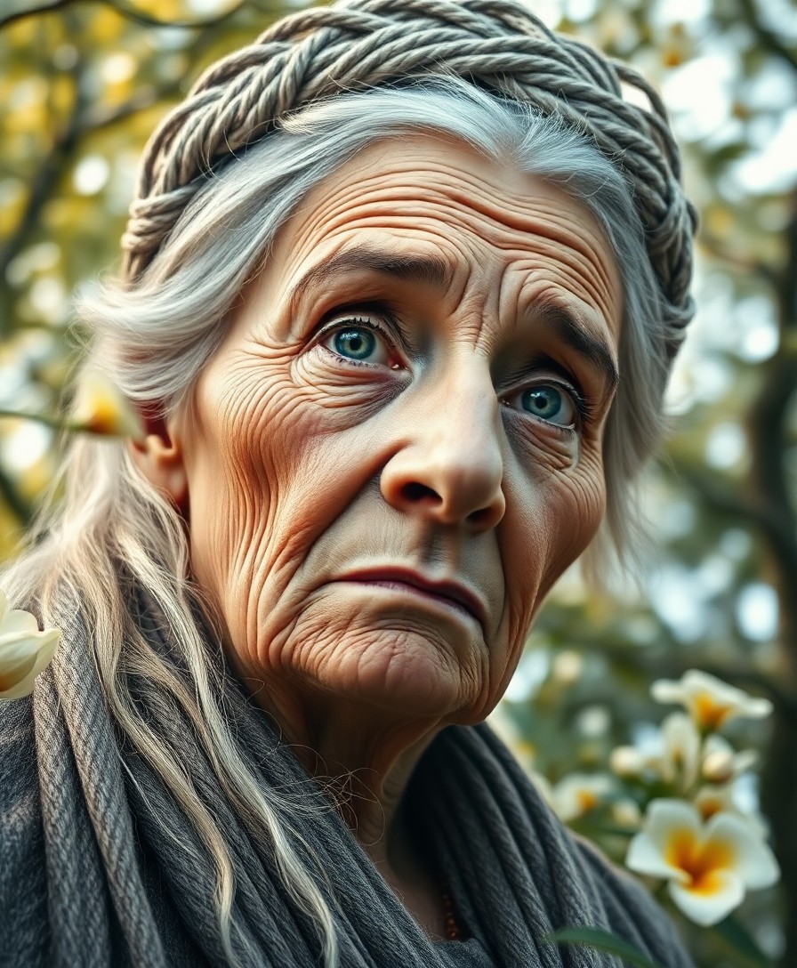 AI generated art for prompt: Craft a highly realistic portrait of an elderly female sage with profound, insightful eyes and intri