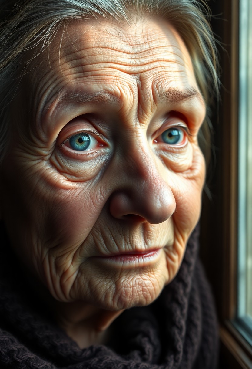 AI generated art for prompt: Visualize a hyperrealistic portrait of an elderly Eastern European woman with deep wrinkles and pier