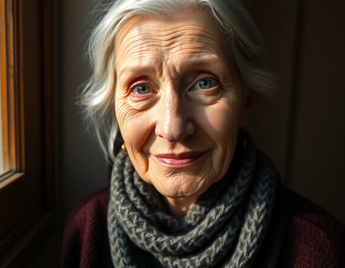 AI generated art for prompt: An ultra-realistic portrait showcases an elderly Eastern European woman with a serene gaze and soft 