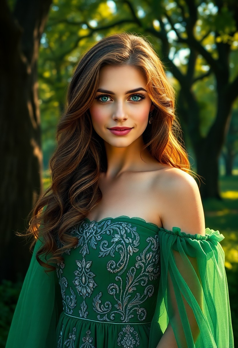 AI generated art for prompt: In a serene dawn setting amidst ancient oak trees, a Western European woman with captivating azure e