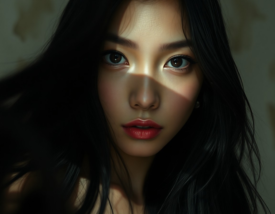 AI generated art for prompt: Envision a captivating photorealistic portrait of a young Japanese Native American woman with long, 