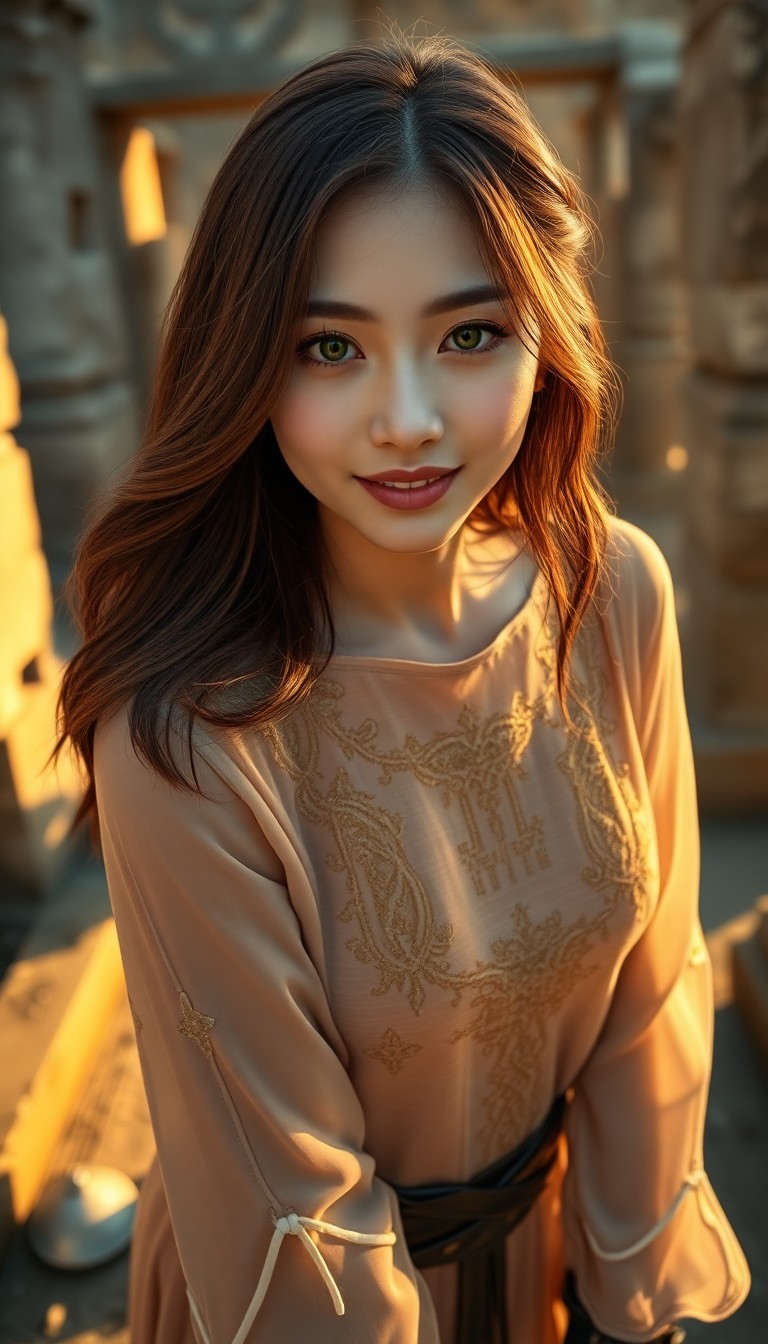 AI generated art for prompt: A photorealistic Renaissance-inspired portrait depicts an enigmatic East Asian woman with tranquil g