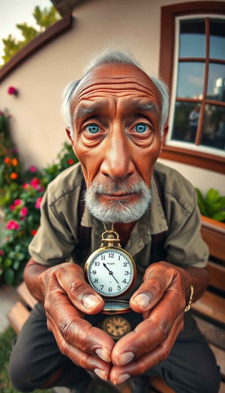 AI generated art for prompt: A photorealistic portrait presents an elderly Pacific Islander man from a unique 'bug's-eye view', e