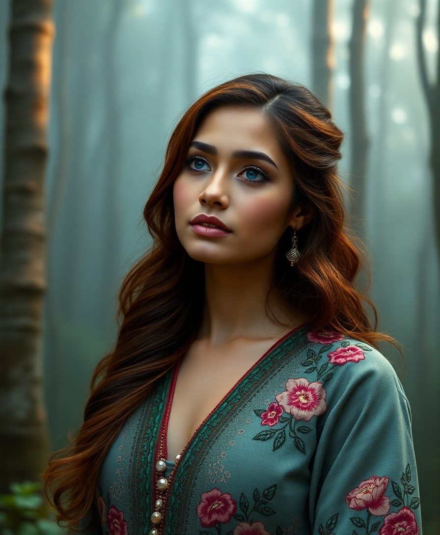 AI generated art for prompt: Craft a photorealistic portrait of an enigmatic South Asian woman with captivating blue eyes and cas