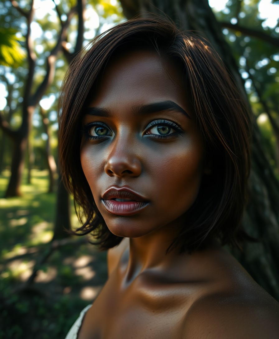 AI generated art for prompt: Create a captivating portrait of an enigmatic Melanesian woman with tranquil green eyes and delicate