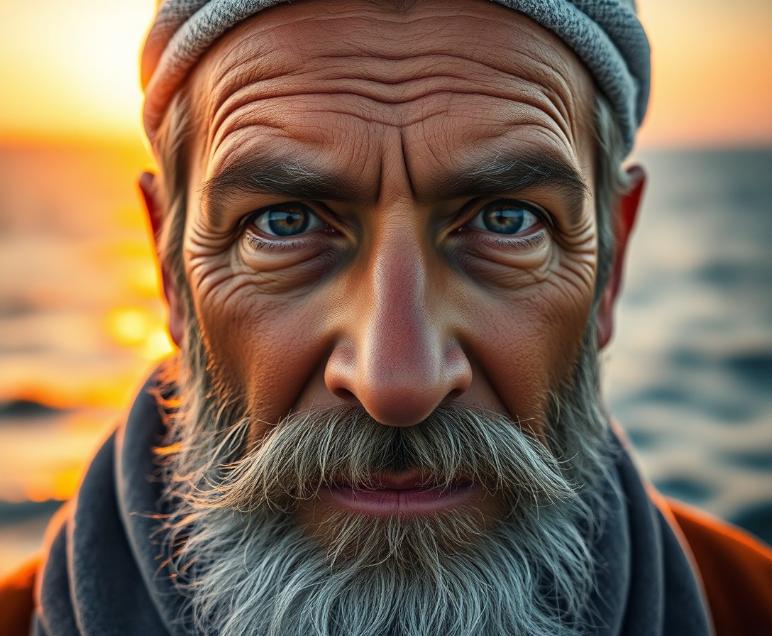 AI generated art for prompt: Craft an impressionistic close-up portrait of a seasoned sailor with rugged features—a graying beard