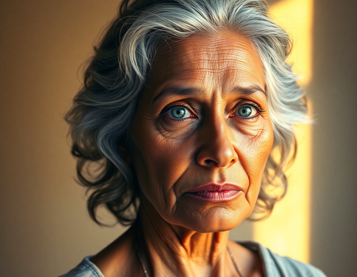 AI generated art for prompt: Craft a hyperrealistic portrait of a middle-aged South Asian woman with wavy gray hair and serene bl