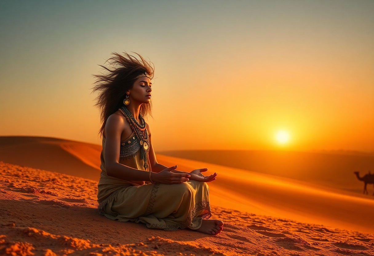 AI generated art for prompt: A masterful digital artist's ethereal portrait captures a female nomad in serene meditation, her eye