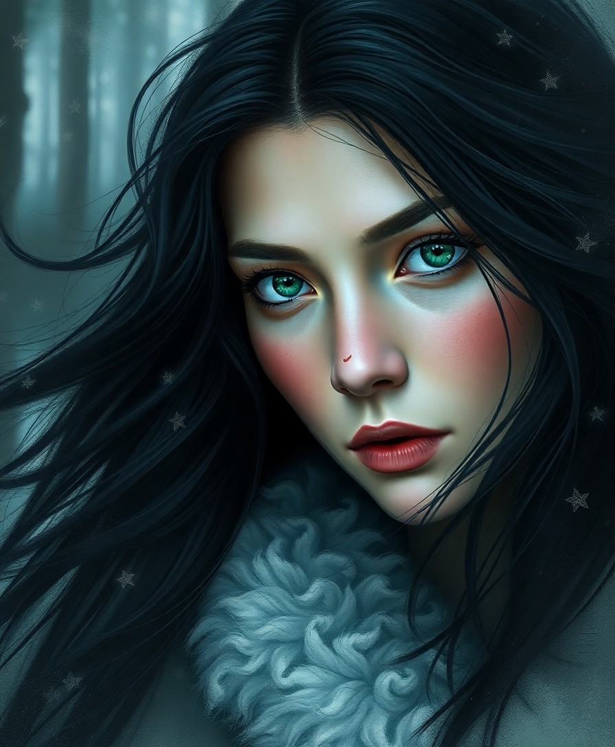 AI generated art for prompt: Create an ultra-realistic portrait of a captivating Inuit woman with mesmerizing emerald eyes and fl