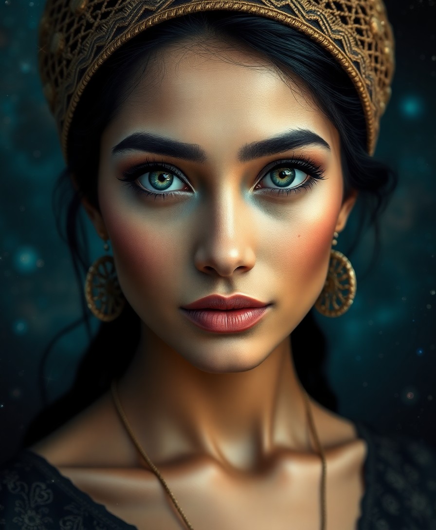 AI generated art for prompt: A captivating portrait of an enigmatic South Asian woman with emerald eyes exudes ethereal beauty am