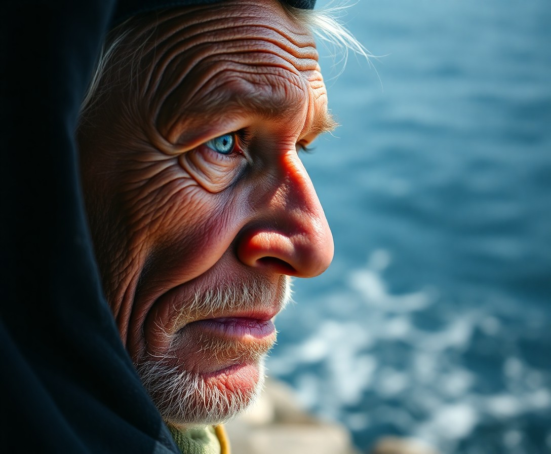 AI generated art for prompt: Craft an ultra-realistic portrait of an elderly fisherman, his sun-creased skin and hazy blue eyes g