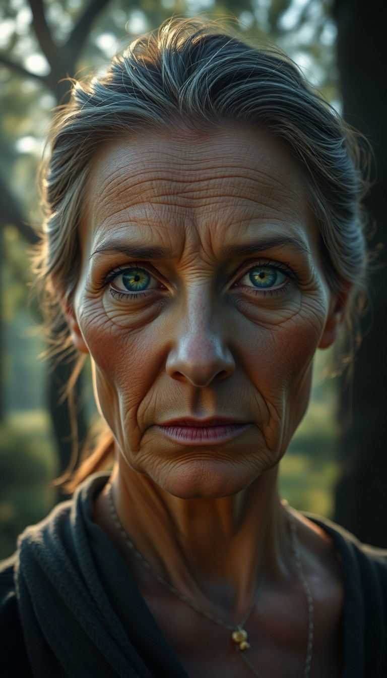 AI generated art for prompt: Craft a photorealistic portrait of a middle-aged Mediterranean woman with piercing green eyes, her e