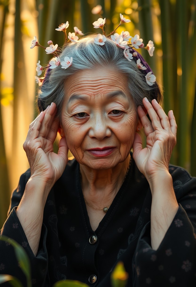 AI generated art for prompt: A photorealistic portrait photograph depicts an elderly Japanese Pacific Islander woman adorning her