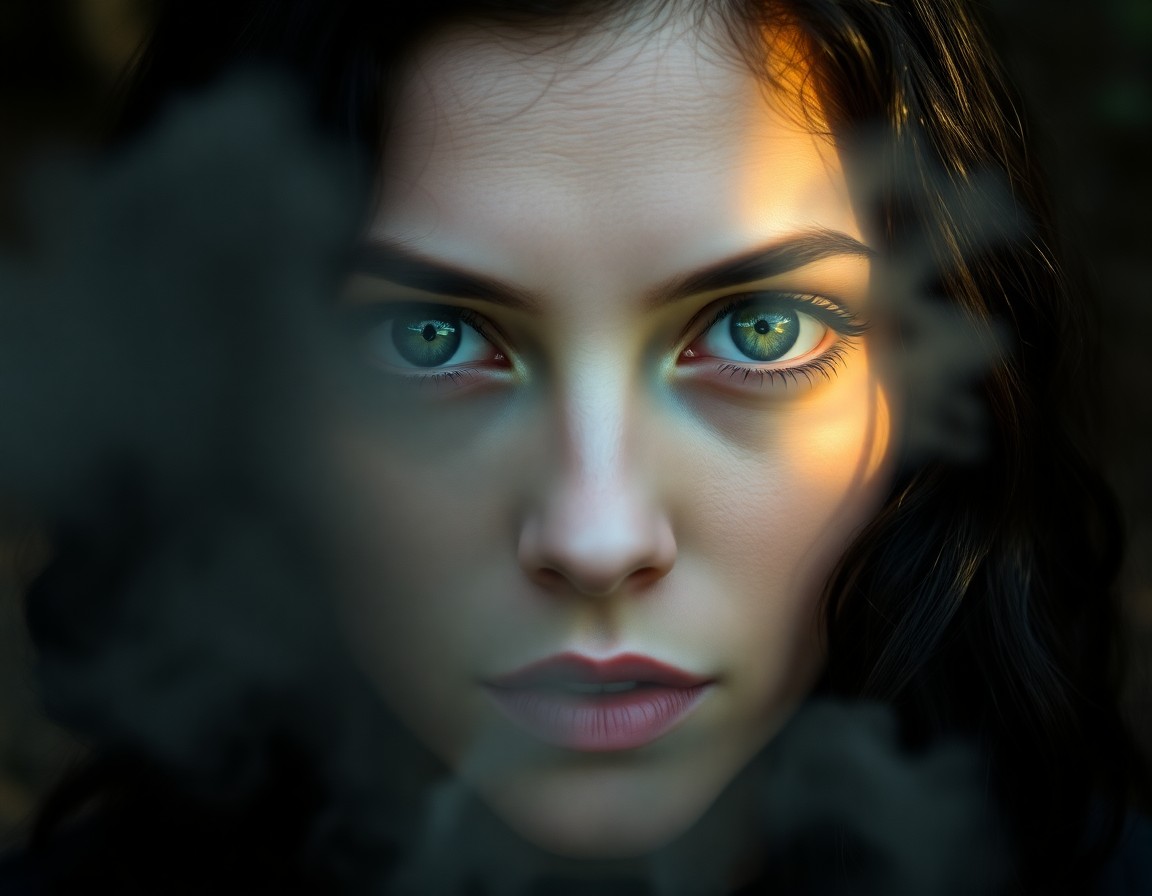 AI generated art for prompt: A highly realistic portrait showcases an enigmatic Western European woman with deep green eyes frame