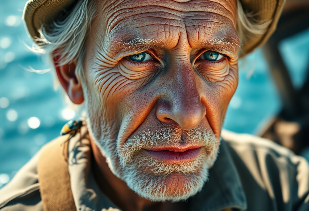 AI generated art for prompt: Craft an ultra-realistic hyperrealist portrait painting of a middle-aged fisherman with sun-kissed w