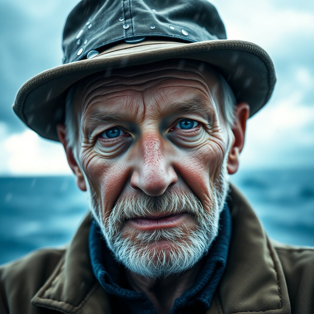 AI generated art for prompt: Craft a photorealistic portrait of an elderly fisherman with serene blue eyes, captured by smartphon