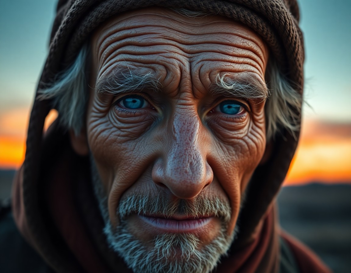 AI generated art for prompt: Craft a photorealistic portrait of an aged adventurer with weathered skin and serene blue eyes, set 