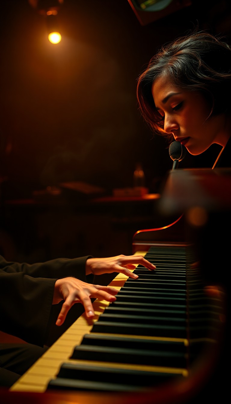 AI generated art for prompt: Immerse yourself in a photorealistic portrait of a reclusive jazz pianist performing in a dimly lit,