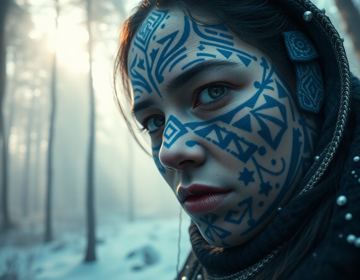 AI generated art for prompt: Craft a photorealistic portrait of an Inuit woman adorned with intricate geometric tattoos in shades