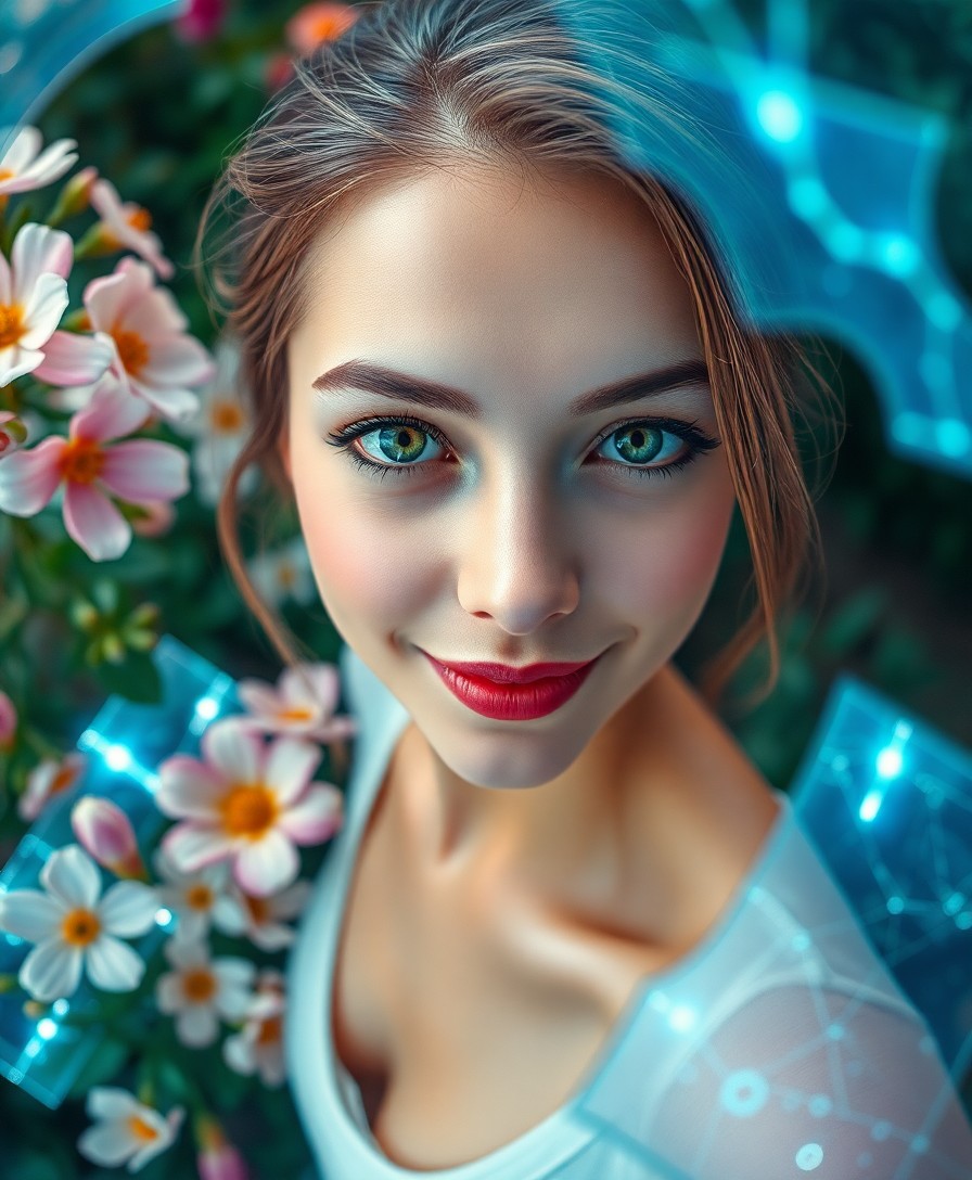 AI generated art for prompt: A photorealistic portrait showcases an alluring female with serene green eyes and an enigmatic smile