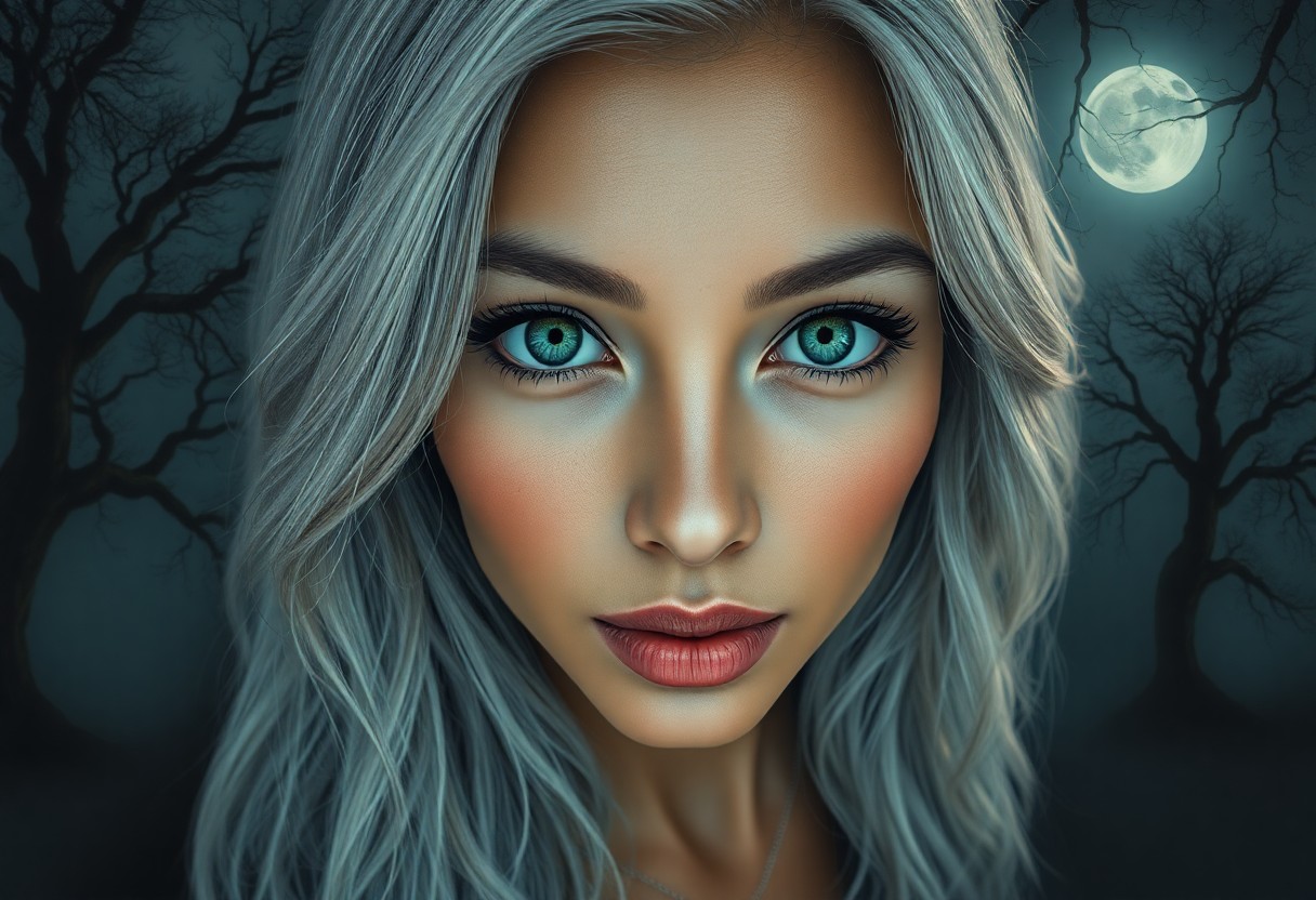 AI generated art for prompt: Envision a hyperrealistic portrait of an enchanting South Asian woman with cascading silver hair, he