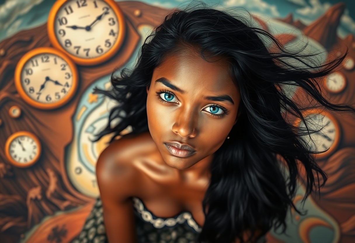 AI generated art for prompt: Envision a strikingly lifelike portrait of a captivating young Melanesian woman with serene blue eye