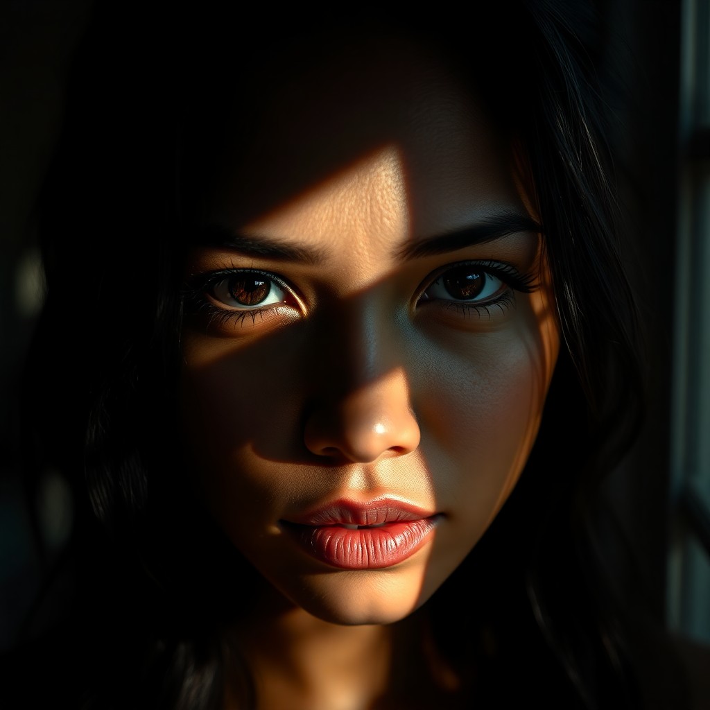 AI generated art for prompt: A captivating photorealistic portrait in chiaroscuro style showcases an enigmatic Polynesian woman w