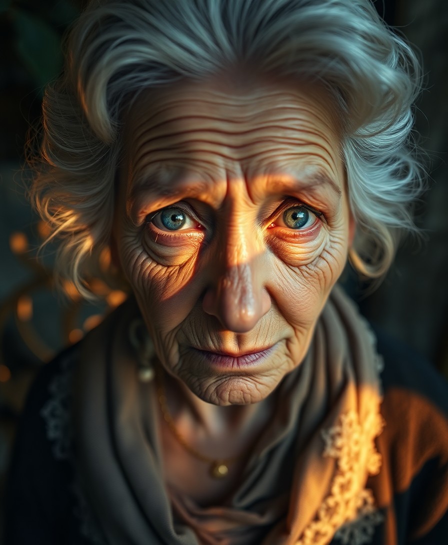 AI generated art for prompt: Imagine a serene portrait of an elderly Western European woman captured from a unique 'bug's-eye vie