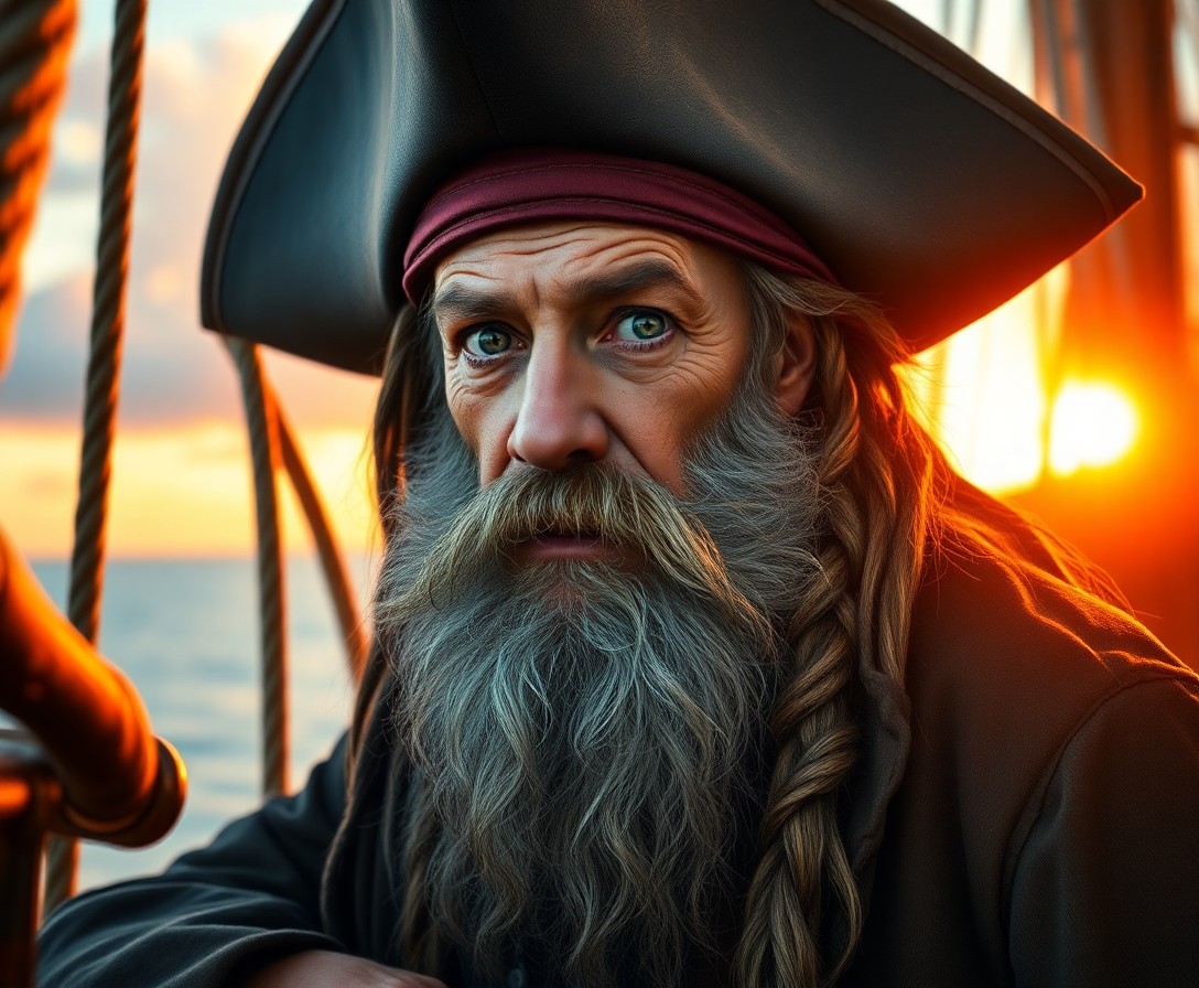 AI generated art for prompt: Craft a photorealistic portrait of an aged pirate, his sun-kissed skin and unfocused green eyes refl