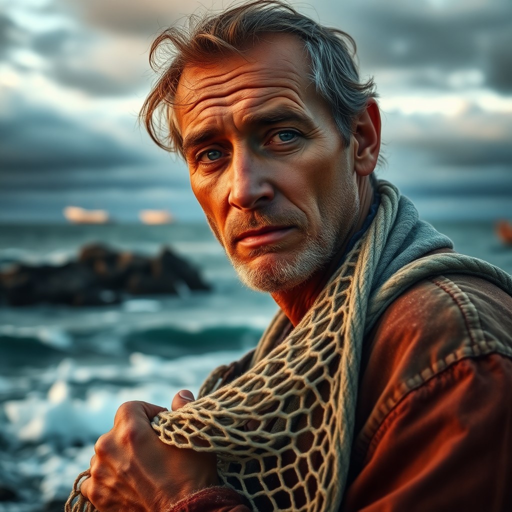 AI generated art for prompt: Photograph an iPhone portrait of a nostalgic fisherman with sun-kissed skin and melancholic blue eye