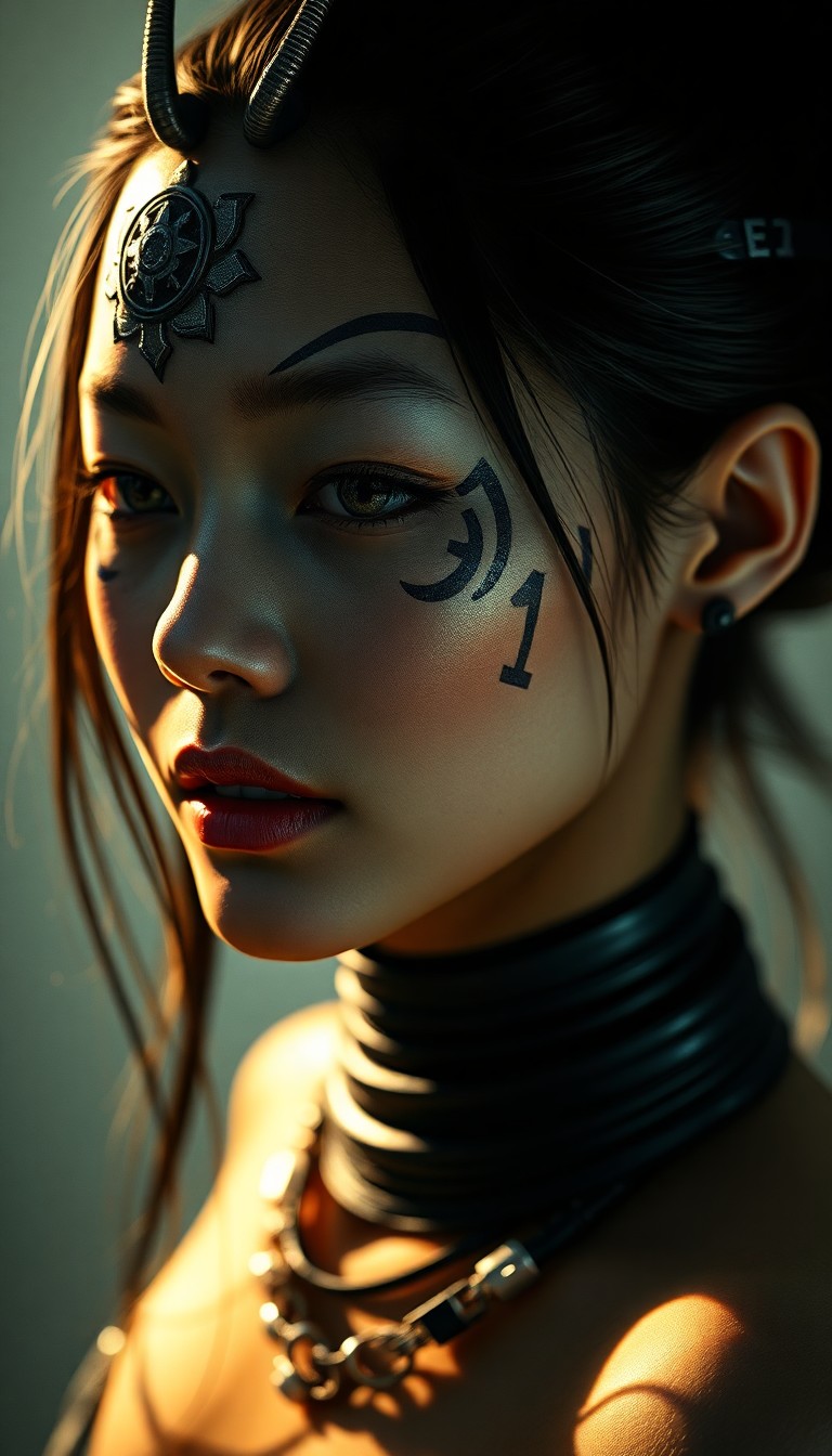 AI generated art for prompt: Craft a hyperrealistic digital art portrait of an East Asian woman adorned with tribal markings and 