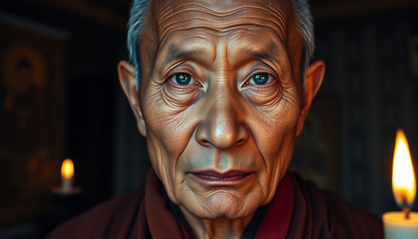 AI generated art for prompt: A tranquil portrait photograph captures an elderly Tibetan monk's gaze bathed in candlelight within 