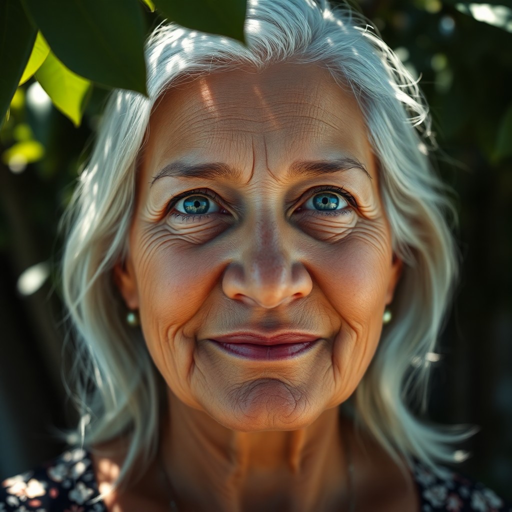 AI generated art for prompt: Render a super-realistic portrait of a middle-aged Micronesian woman with striking blue eyes and a s