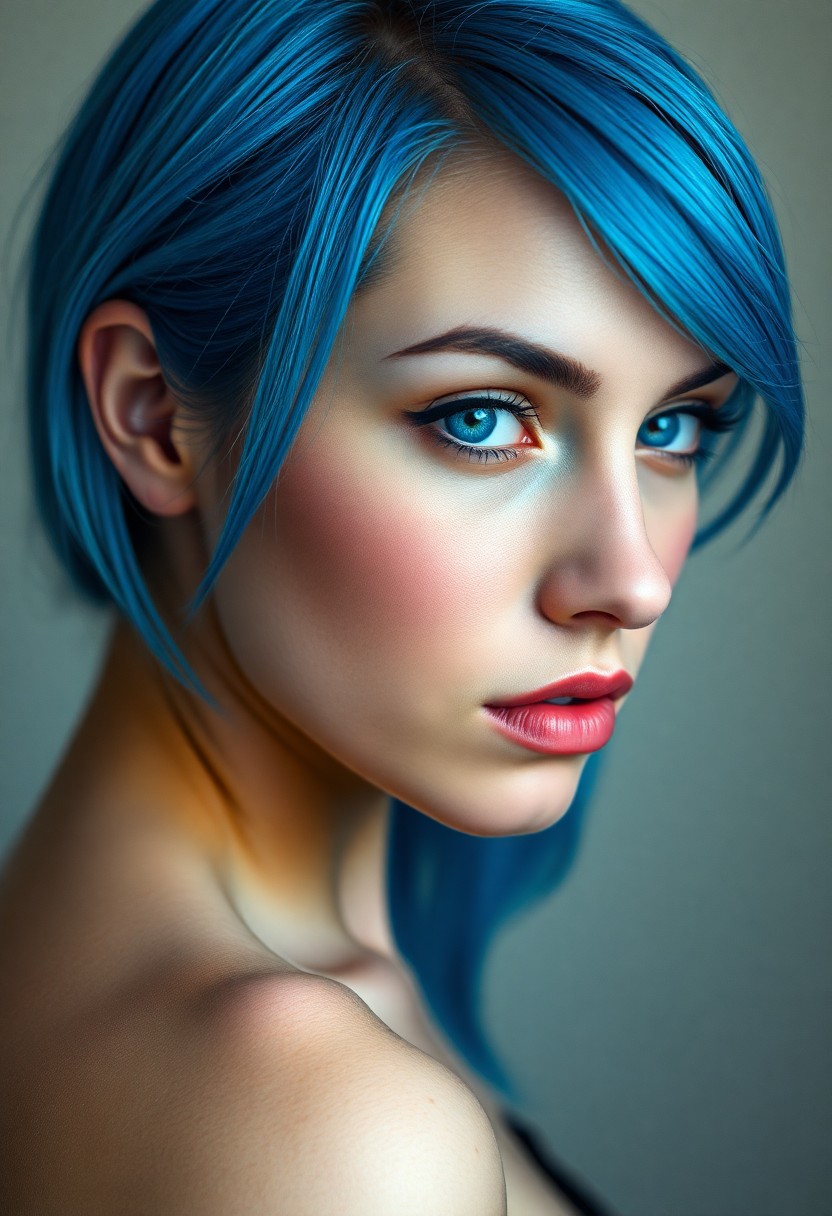 AI generated art for prompt: Craft a photorealistic portrait of a young Eastern European woman with porcelain skin and vibrant bl