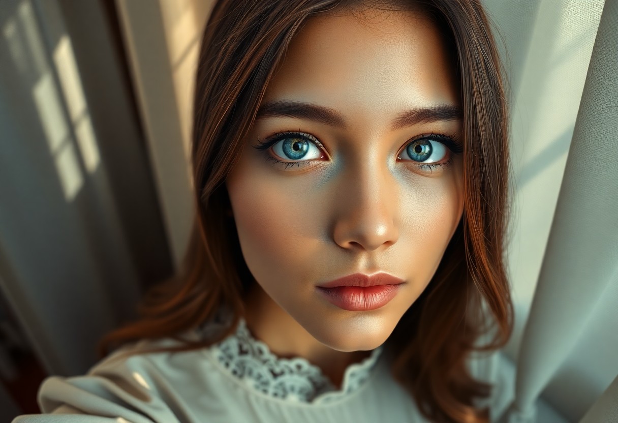 AI generated art for prompt: A digitally rendered portrait depicts a pensive young South Asian woman with piercing blue eyes fram