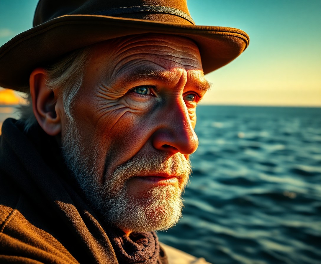 AI generated art for prompt: Craft a hyperrealistic portrait of an enigmatic old man with rugged features and serene blue eyes, c