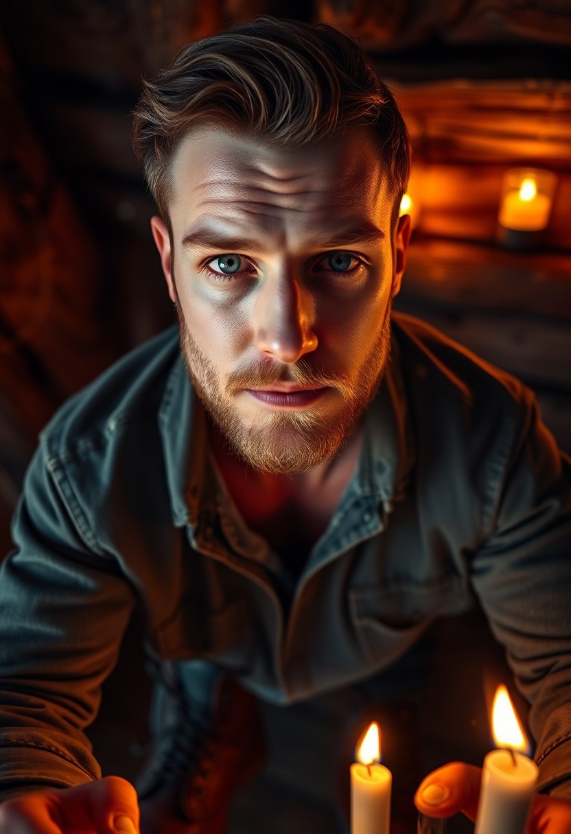 AI generated art for prompt: Envision a hyperrealistic portrait of a 30-year-old Celtic man with gentle blue eyes and a rugged ye