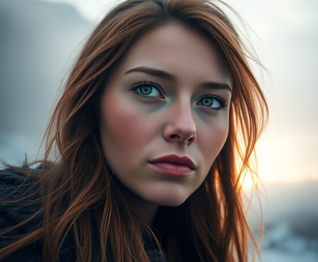 AI generated art for prompt: A super-realistic portrait captures an enigmatic Inuit woman with hazel green eyes, high cheekbones,