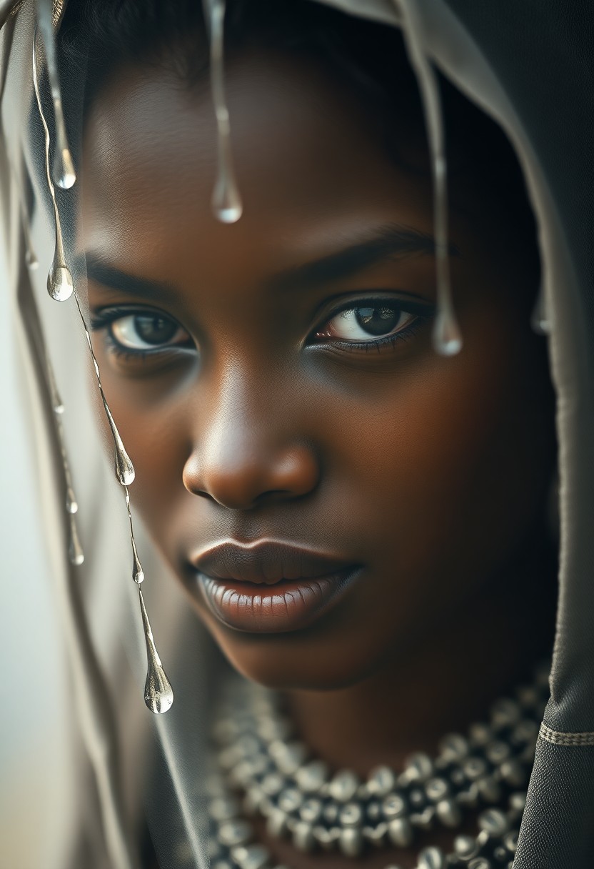 AI generated art for prompt: A close-up portrait of a Sub-Saharan African woman with porcelain skin and raven hair showcases her 