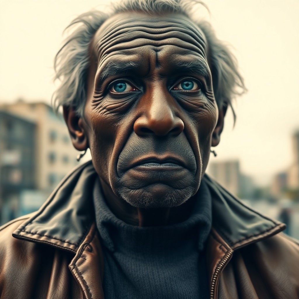 AI generated art for prompt: In a hyperrealistic portrait, an elderly African man with pronounced wrinkles and piercing blue eyes