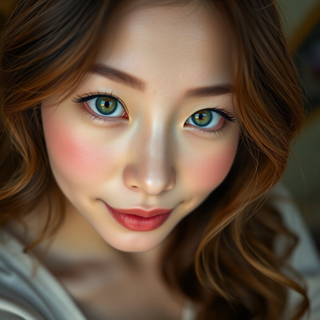 AI generated art for prompt: Generate a hyperrealistic portrait featuring an East Asian woman with wavy chestnut-brown hair frami