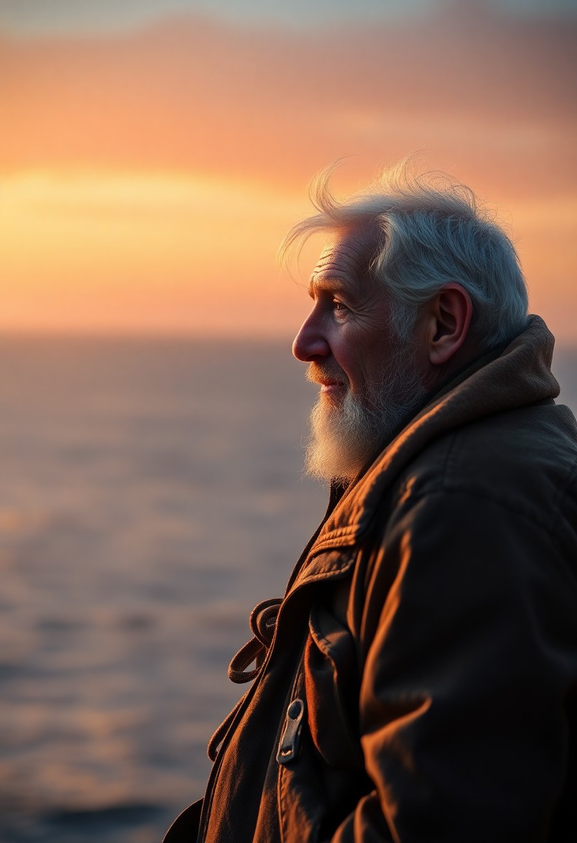 AI generated art for prompt: Craft a hyperrealistic portrait of an elderly fisherman with sun-kissed hair and pronounced facial l