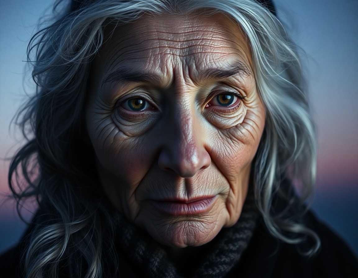 AI generated art for prompt: Craft a super-realistic portrait of an enigmatic Inuit elder with wise, soulful eyes and silver-whit