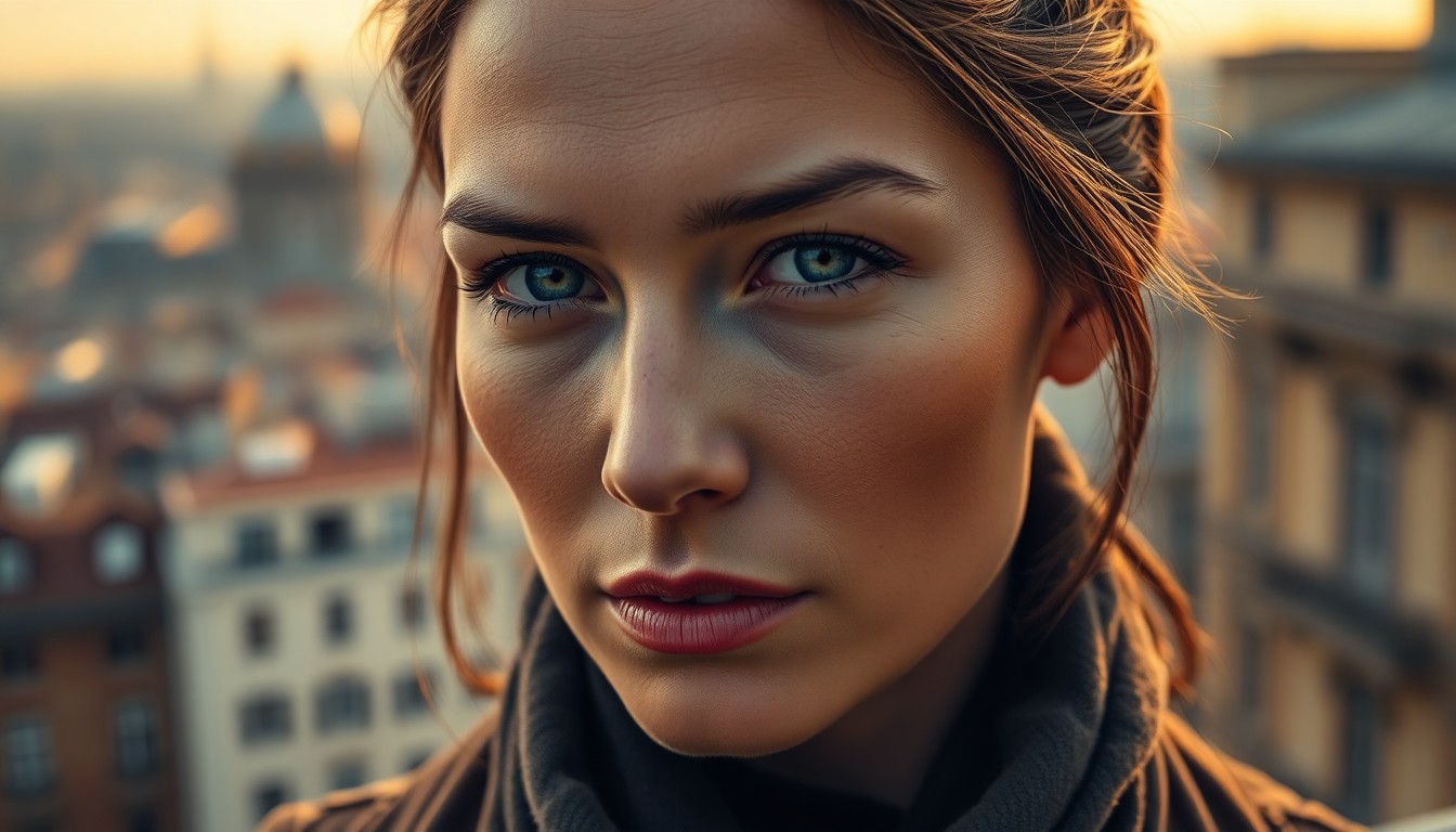 AI generated art for prompt: A hyperrealistic portrait of a Western European woman with tranquil blue eyes and tanned skin reveal