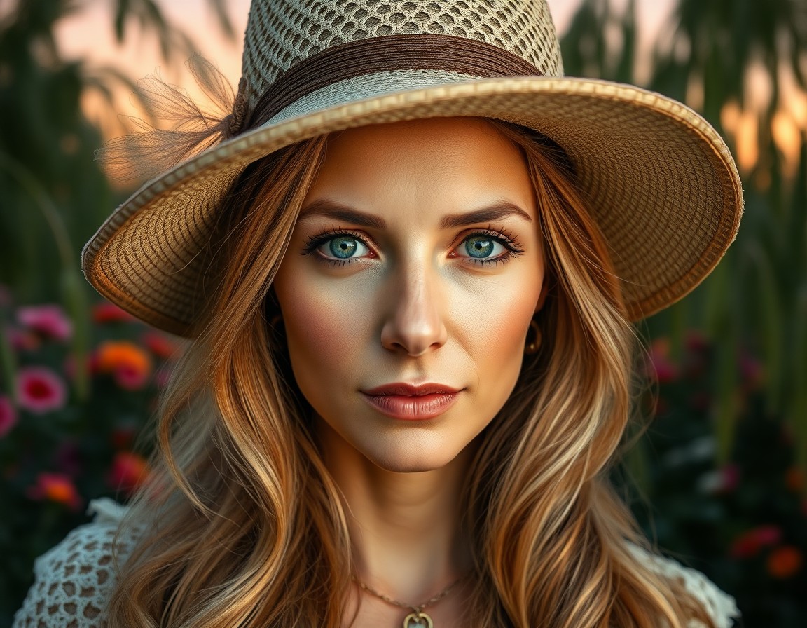 AI generated art for prompt: Mesmerizing portrait of a Caucasian woman with cascading golden locks, her enigmatic eyes peering fr