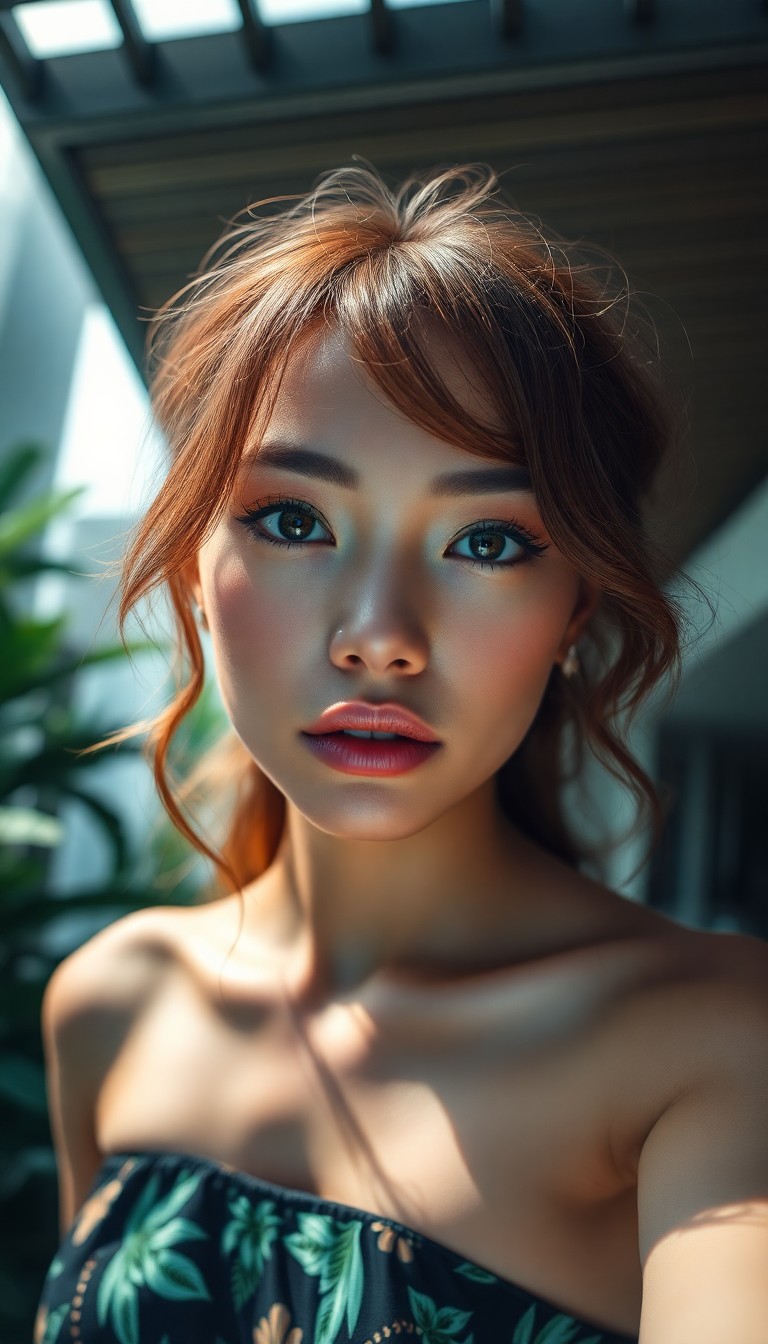 AI generated art for prompt: Craft a photorealistic portrait of a Micronesian woman with cascading chestnut hair and expressive g