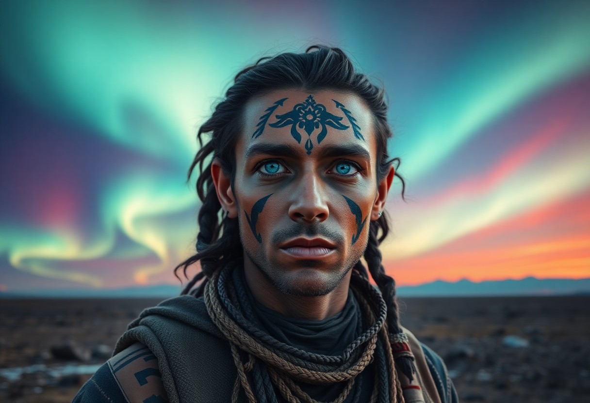 AI generated art for prompt: A hyperrealistic portrait depicts a mysterious nomad with piercing blue eyes and intricate tribal ta