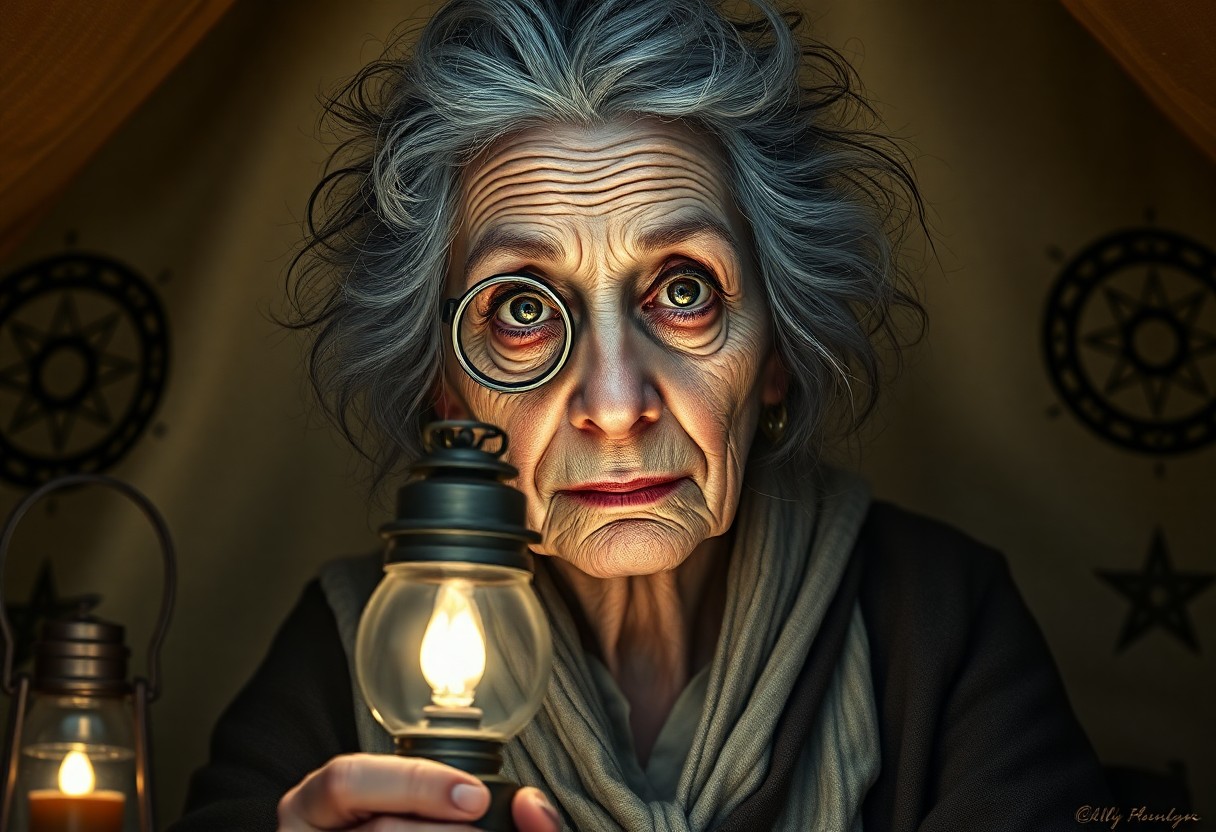 AI generated art for prompt: Craft a hyperrealistic portrait of an aged yet wise fortune teller with shabby-chic style. Her pierc